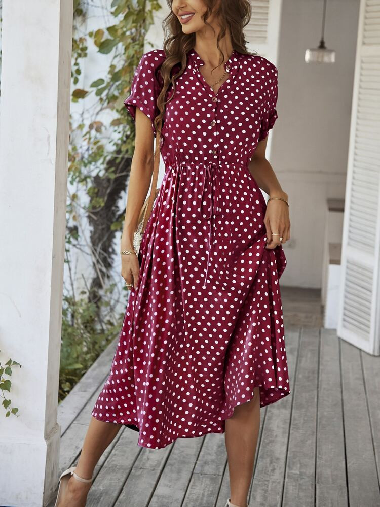 Polka Dot Drawstring Button Front Dress | SHEIN