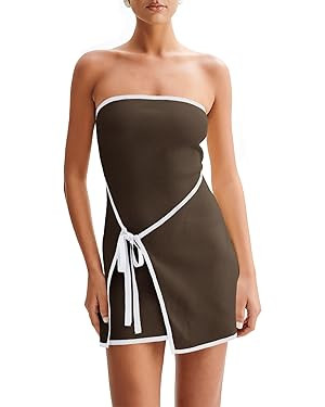 Wenrine Womens Sexy Tube Top Dress Strapless Self Tie Wrap Asymmetrical Hem Knit Summer Party Min... | Amazon (US)