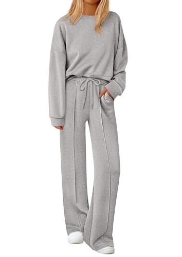 PRETTYGARDEN 2 Piece Sets For Women Fall Trendy Long Sleeve Sweatshirt Wide Leg Pants Loungewear Set Matching Sweatsuit (Grey,XX-Large) | Amazon (US)