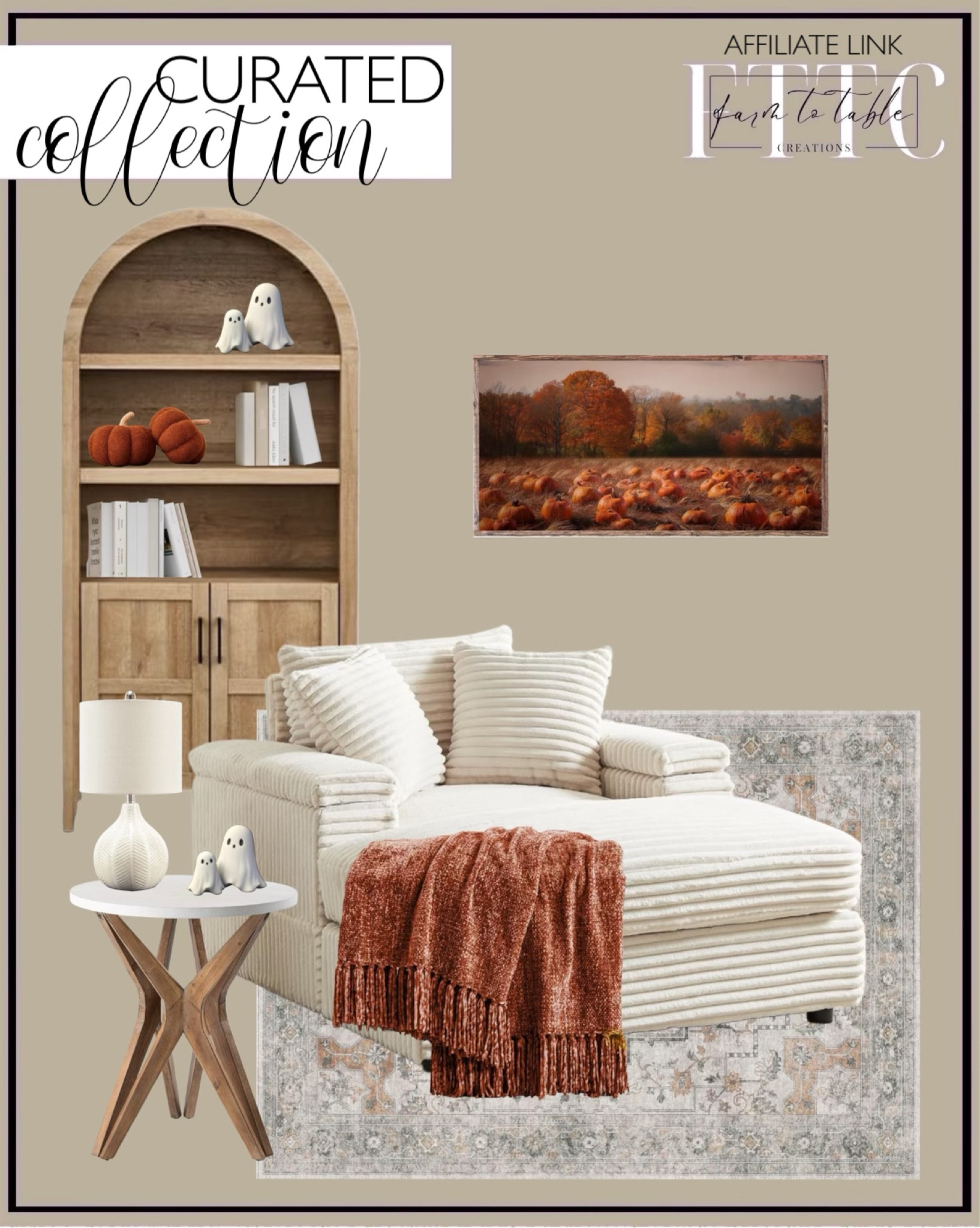 Curated Collection. Follow @farmtotablecreations on Instagram for more inspiration.

Use code FARMTOTABLE for 15% off artwork. 

Oversized chaise. Pedestal Side Table. Chenille Throw. Area Rug. Viral arched cabinet. Field of pumpkins artwork. Pumpkin Pillows. Ghost Figurines. Table Lamp. 

Amazon Home Finds. Cozy reading. Nook. Cozy Corner. Viral Cabinet. Fall Home Finds. Fall Decor. Halloween Decor. Living Room Finds. Area Rug. 

#LTKFindsUnder50 #LTKHome #LTKSaleAlert