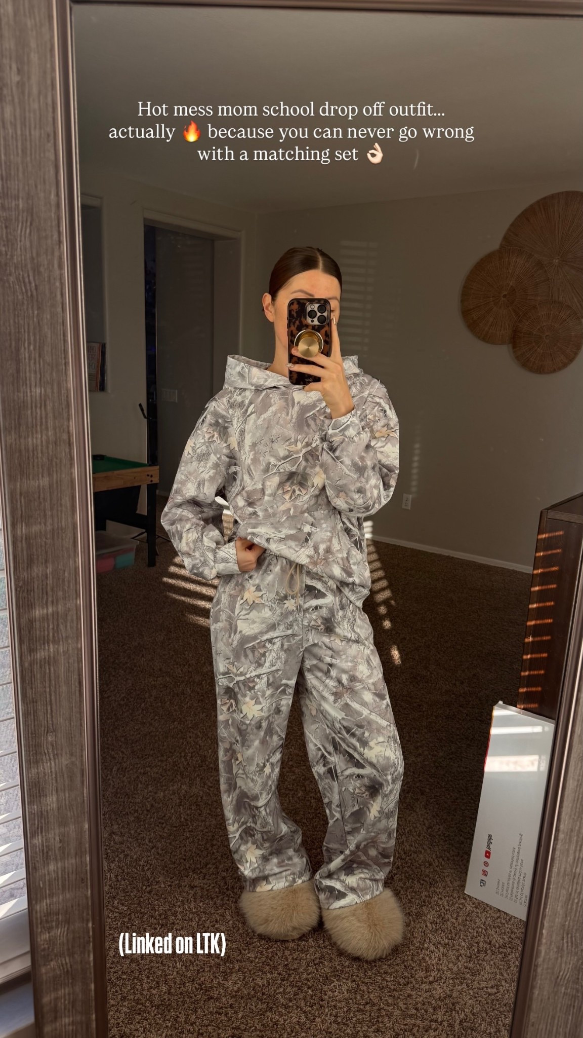 Hot mess mom school drop off outfit….. 
actually 🔥 because you can never go wrong with a matching set 👌🏻 (Linked on LTK)
Maple leaf matching set is sure medium, and when I first wore it unwashed, it was really gigantic, after washing it it does shrink a smidge so it’s an appropriate oversized fit. Depending on the item, I normally wear a medium to accommodate for my hip size 37”, but I do usually require something smaller to accommodate my waist size 26”, But as far as length, I think the medium fits perfect as a high waisted pant, I’m 5‘4“.

#LTKmomlife #LTKootd #LTKFindsUnder50