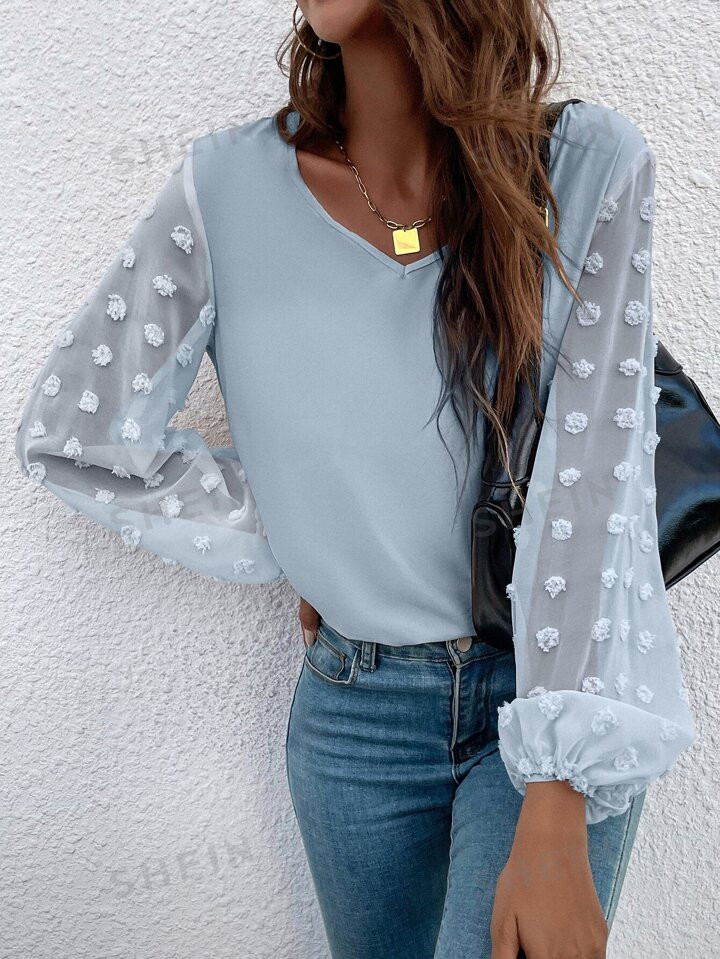 SHEIN LUNE Swiss Dot Bishop Sleeve Blouse | SHEIN