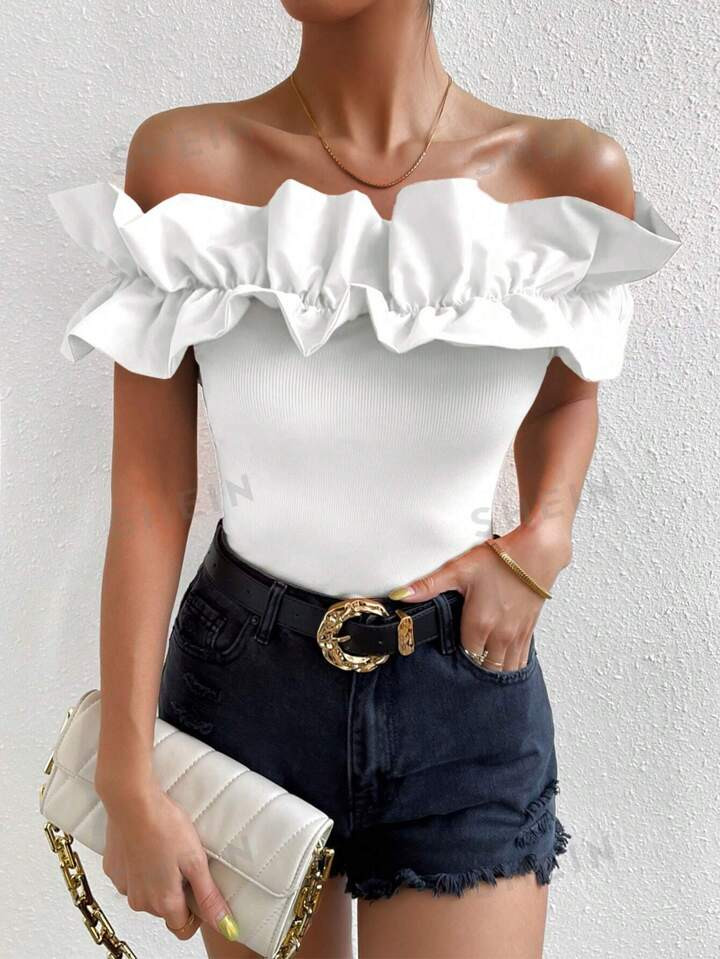 SHEIN BAE Off Shoulder Ruffle Trim Tee | SHEIN