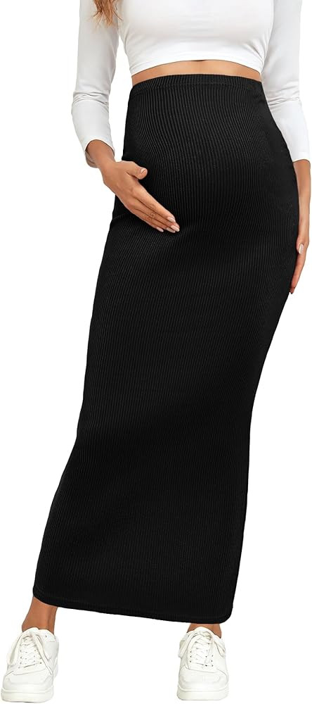 2024 Maternity Adjustable Waist Rib Knit Maxi Skirt Over The Belly Stretchy Pregnancy Long Pencil... | Amazon (US)