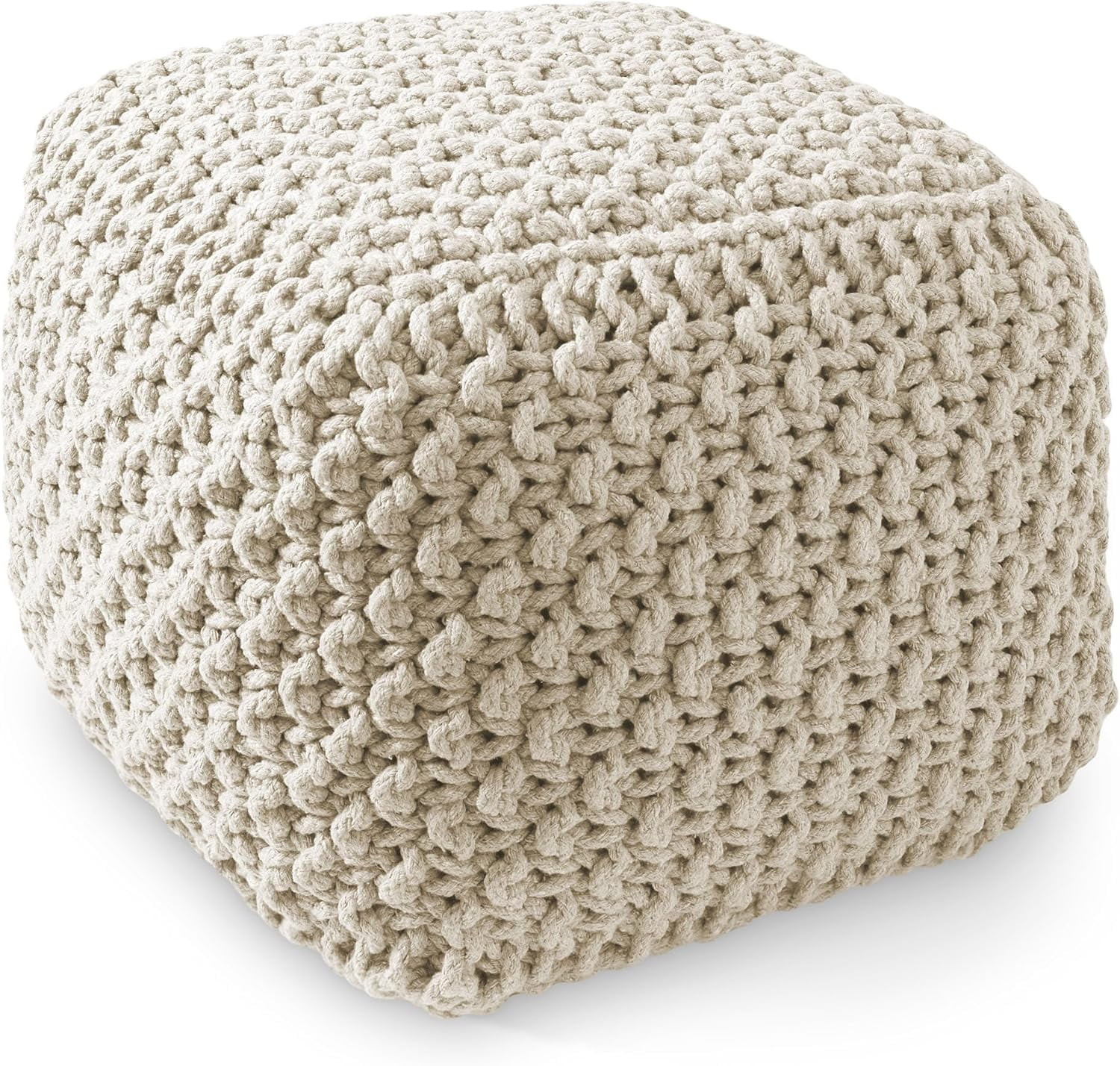 Square Pouf Ottoman, Natural - 18.5" W x 18.5" D x 14.5" H Cotton Knit Foot Stool - Boho Floor Po... | Walmart (US)