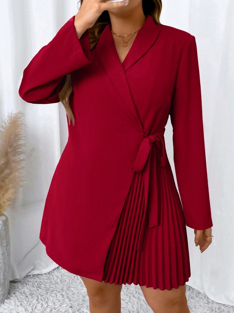 SHEIN Clasi Plus Shawl Collar Pleated Detail Knot Side Wrap Dress | SHEIN