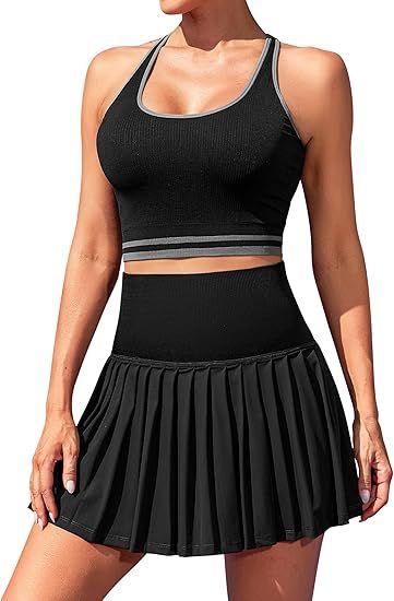ATTRACO 2 Piece Tennis Dresses for Women High Waisted Pleated Skirt Sets Seamless Colorblock Golf... | Amazon (US)