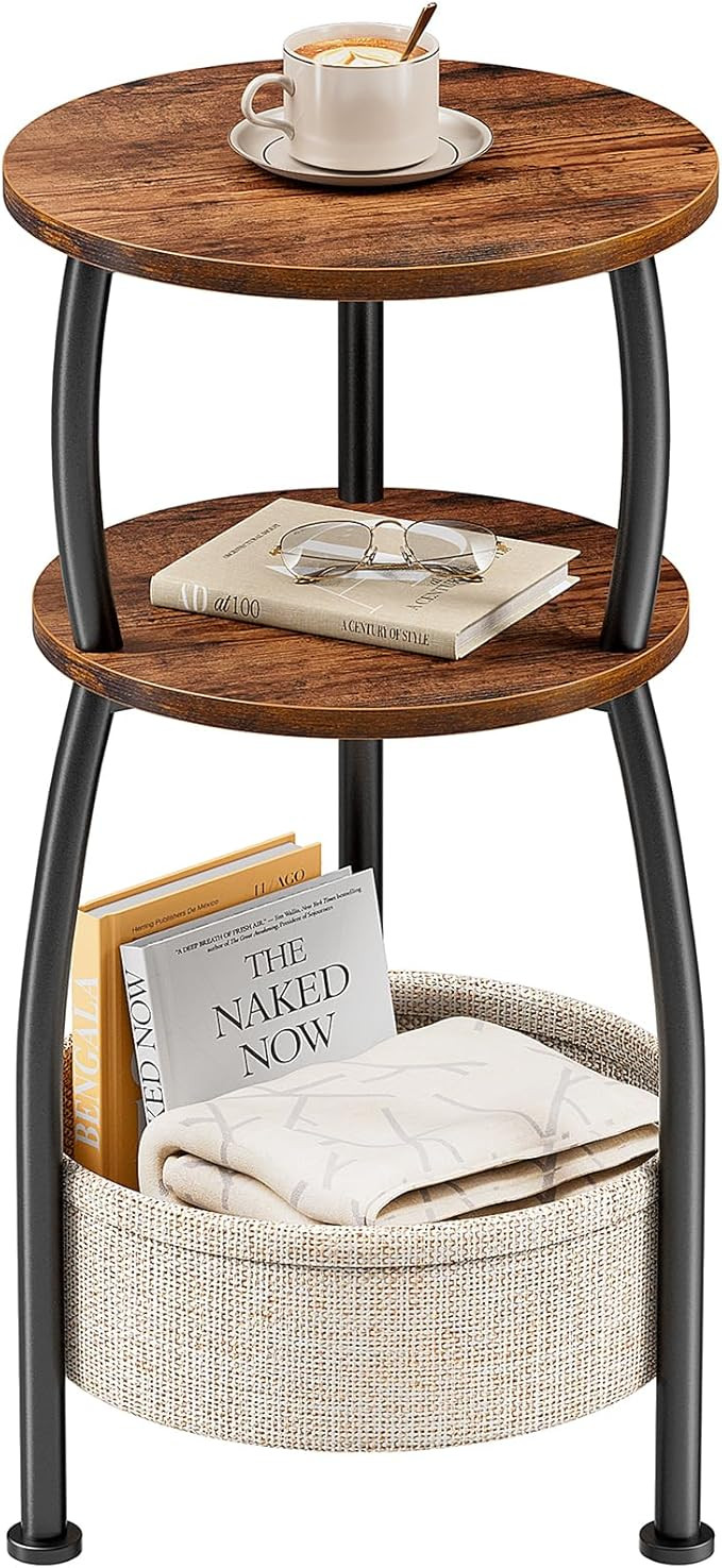 Round Side Table for Small Spaces with Storage Basket –Small End Table 3-Tier Night Stand Sofa ... | Amazon (US)