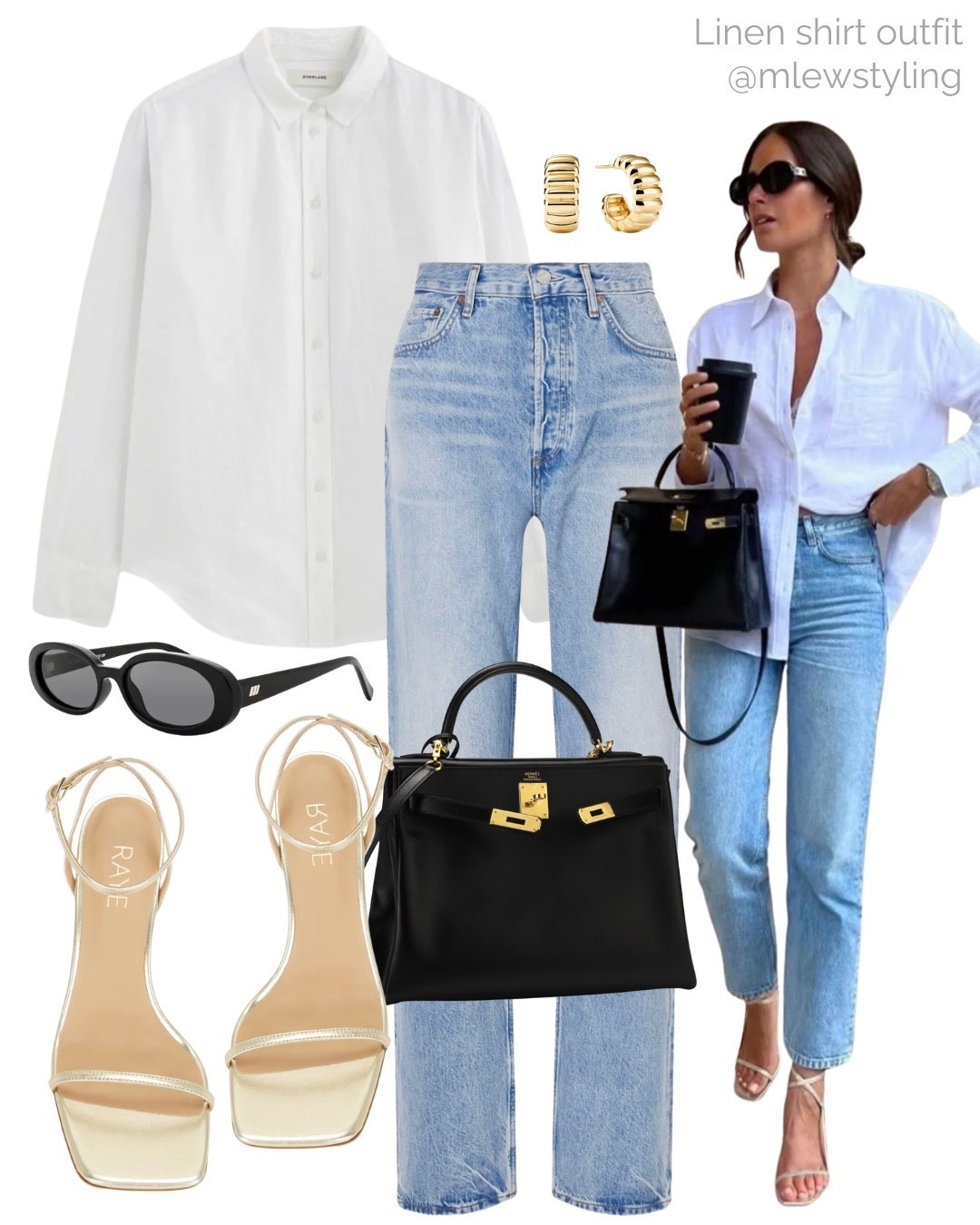Simple & chic spring outfit with a white linen button down ✨

-Outfit inspired by lglora 
Tags: everlane linen shirt, agolde denim jeans, gold heeled sandals, le specs sunglasses, Hermes Kelly bag, Mejuri earrings, neutral aesthetic, capsule wardrobe, work outfit, casual office workwear 

#LTKootd #LTKWorkwear #LTKgrwm