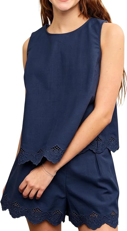 Women Trendy 2 Piece Outfits Shorts Sets Round Neck Sleeveless Scallop Embroidered Edge Top and B... | Amazon (US)