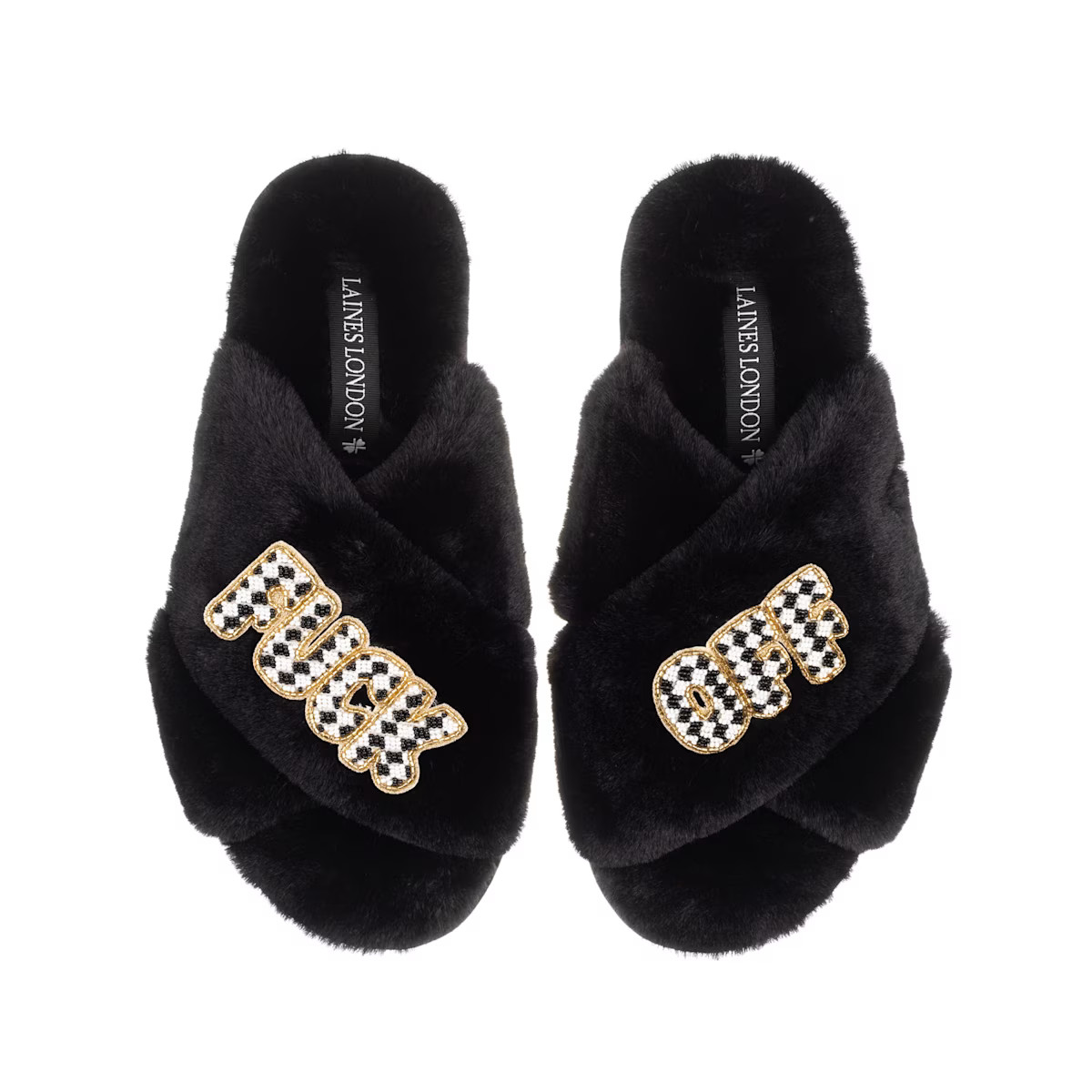 Classic Laines Slippers With Chequered Fuck Off Brooches - Black | Wolf & Badger