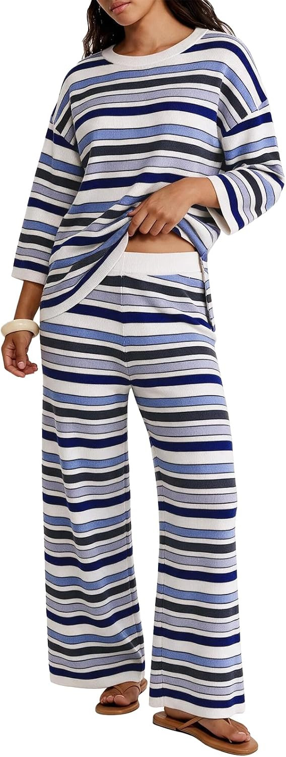 Tankaneo Womens Striped 2 Piece Sets Oversized Sweater and Wide Leg Pants | Amazon (US)