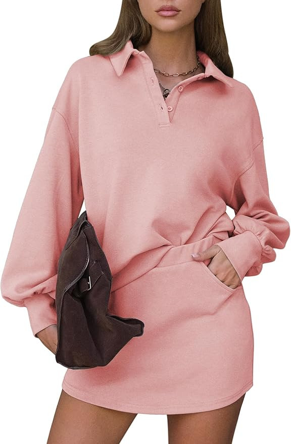EXLURA Womens 2 Piece Sets Polo Sweatshirt Skort Set Airport Long Sleeve Matching Workout Sets Te... | Amazon (US)