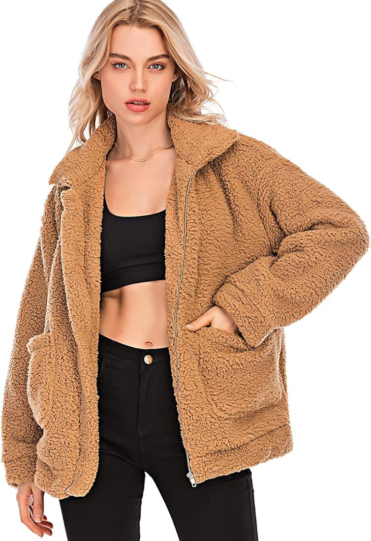 Comeon Women's Coat Casual Lapel Fleece Fuzzy Faux Shearling Zipper Coats Warm Winter Oversized O... | Amazon (CA)