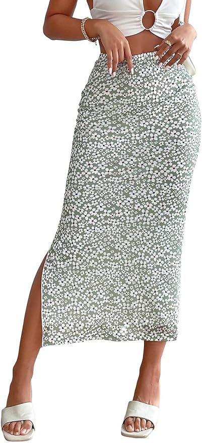 Milumia Women's Ditsy Floral Mesh Split Hem Long Skirt High Waisted Boho Midi Skirts | Amazon (US)