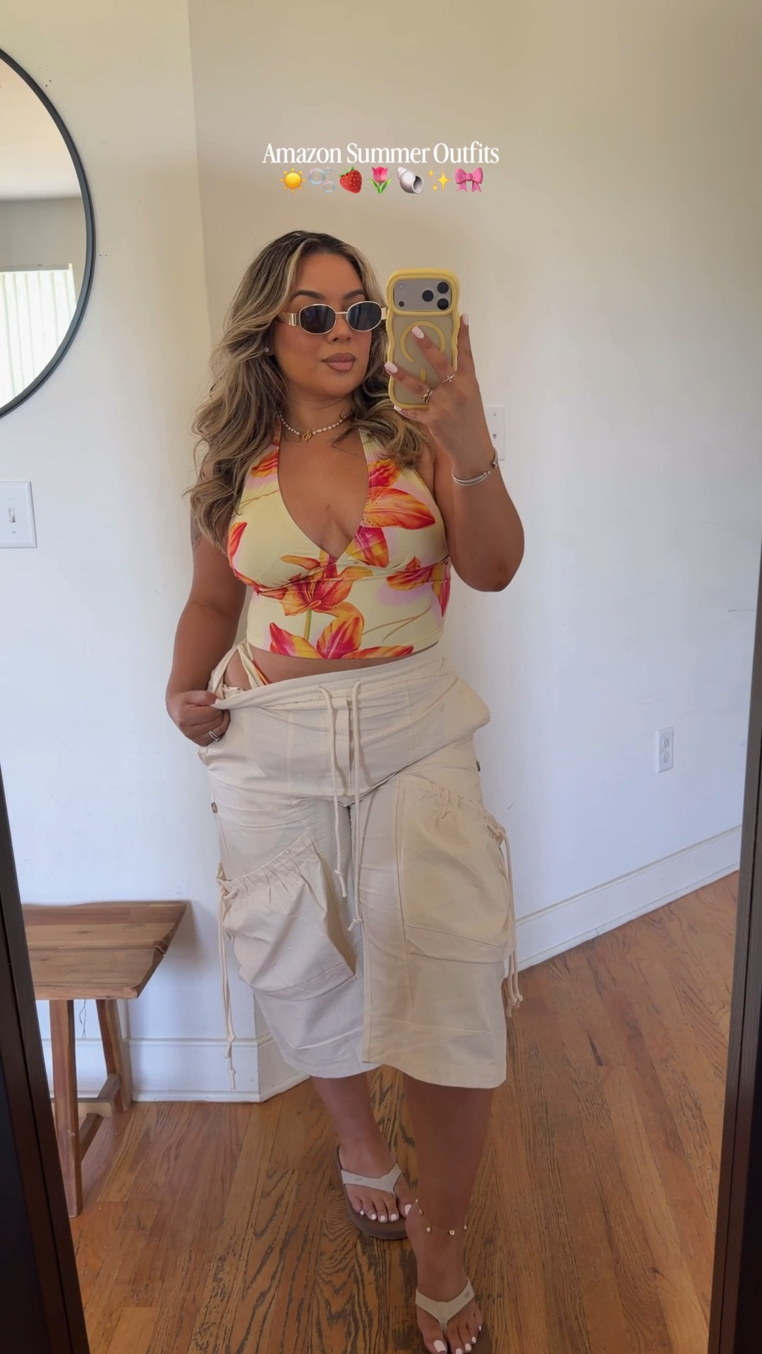Amazon Summer Outfits 💡 I’m back to a colorful whimsical cutie again 🌸✨ sizing ⬇️ 

Pink Wrap Dress: Size L (Has stretch) 
Yellow Top: size L 
Yellow/Blue Striped/Pink Linen pants: size L 
Midi Strapless Dress: Size L (TTS) 
Pink Crochet Top: Size M 
Floral Bathing Suit: L 
Utility Shorts: Size L 
Mustard Tank: Size L

#LTKSeasonal #LTKMidsize #LTKSwim