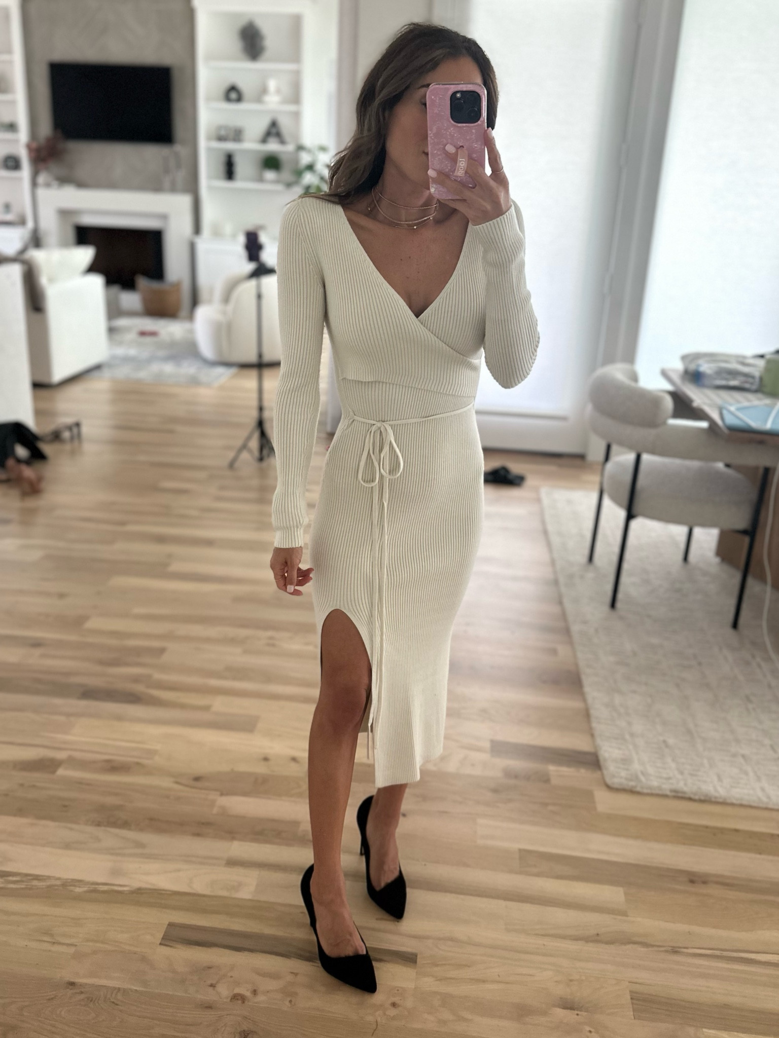 knee length dresses for ladies Harper Wrap Midi Dress • Shop American Threads Women's Trendy Online Boutique Ivory / M/L / No Returns/Exchanges main image 0