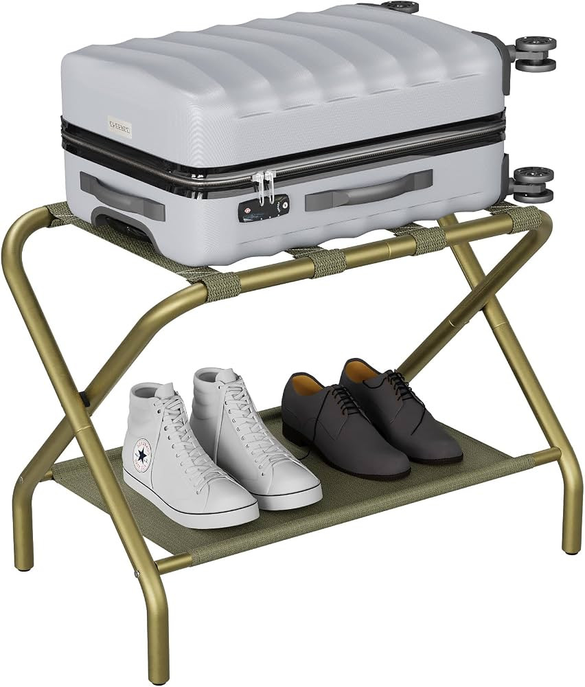 Smuxee Gold Luggage Rack, Foldable Suitcase Stand with Fabric Storage Shelf, Luggage Holder with ... | Amazon (US)