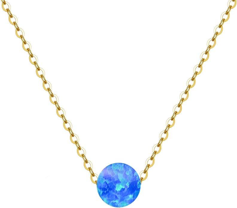14K Solid Gold Necklace for Women, Yellow Gold Simulated Opal/Turquoise Bead Choker Pendant Neckl... | Amazon (US)