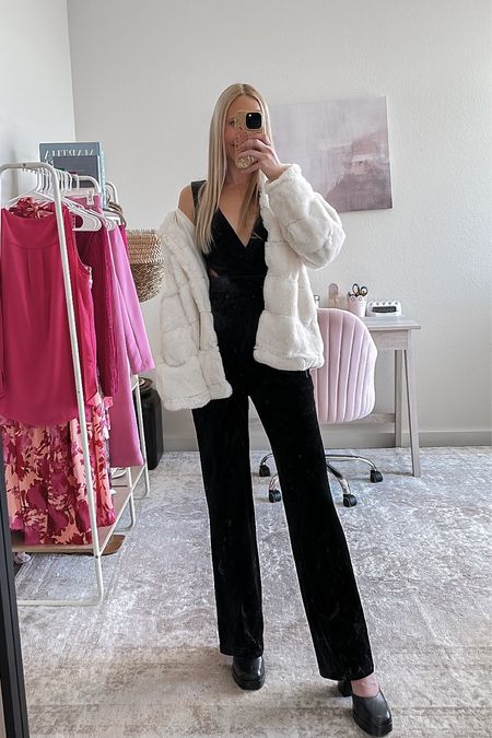 Holiday party outfit idea of NYE party look! ✨

Wearing a size XS in this black velvet jumpsuit and white faux fur coat ☺️

Black lace jumpsuit, holiday outfit, Christmas party outfit, winter wedding guest outfit, black jumpsuit, holiday party outfits, lulus outfits, winter coat, holiday event outfit

#LTKHoliday #LTKSeasonal #LTKwedding