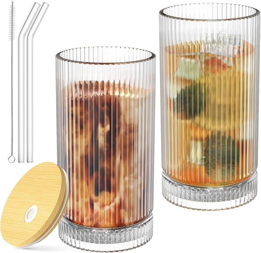 15 Oz Glass Cups with Lid and Straw, Iced Coffee Cups with Lid, Vintage Glassware for Whiskey Coc... | Amazon (US)