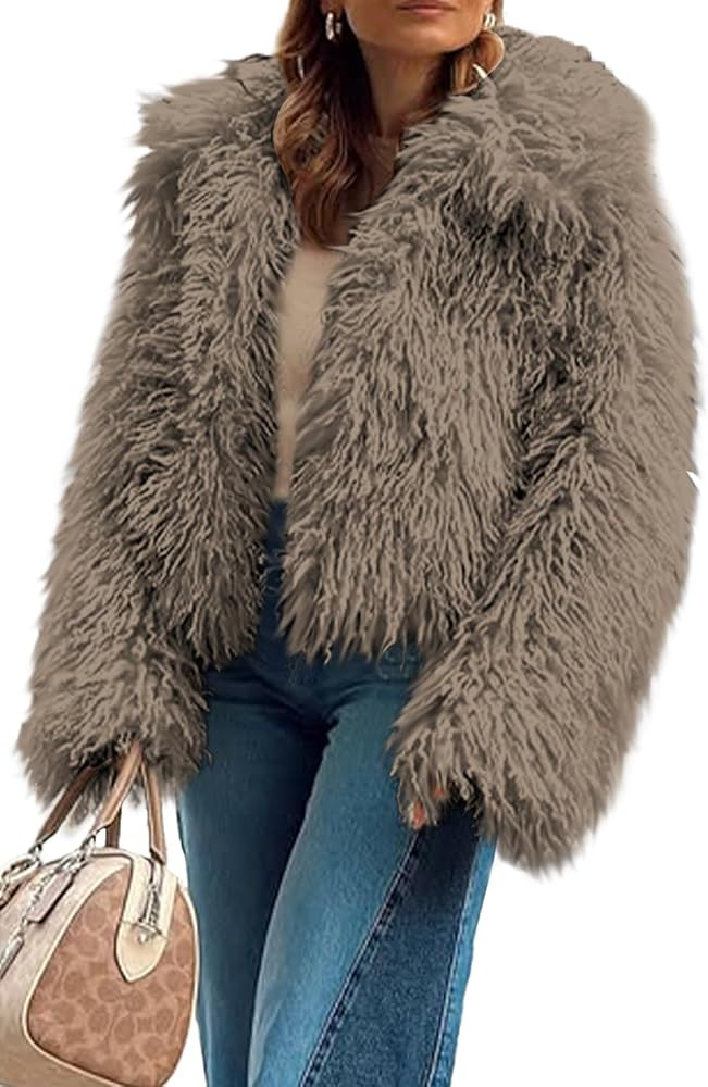 Aoang Women's Cropped Faux Fur Jacket Long Sleeve Warm Winter Coats Shaggy Furry Outerwear with P... | Amazon (US)