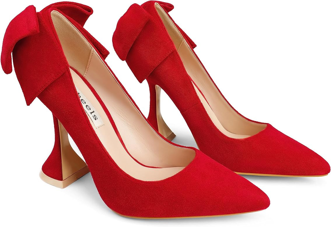 Zzheels Women's 3.74" Bow Pumps Pointed Toe Triangle Heel Pump Wedding Shoes | Amazon (US)