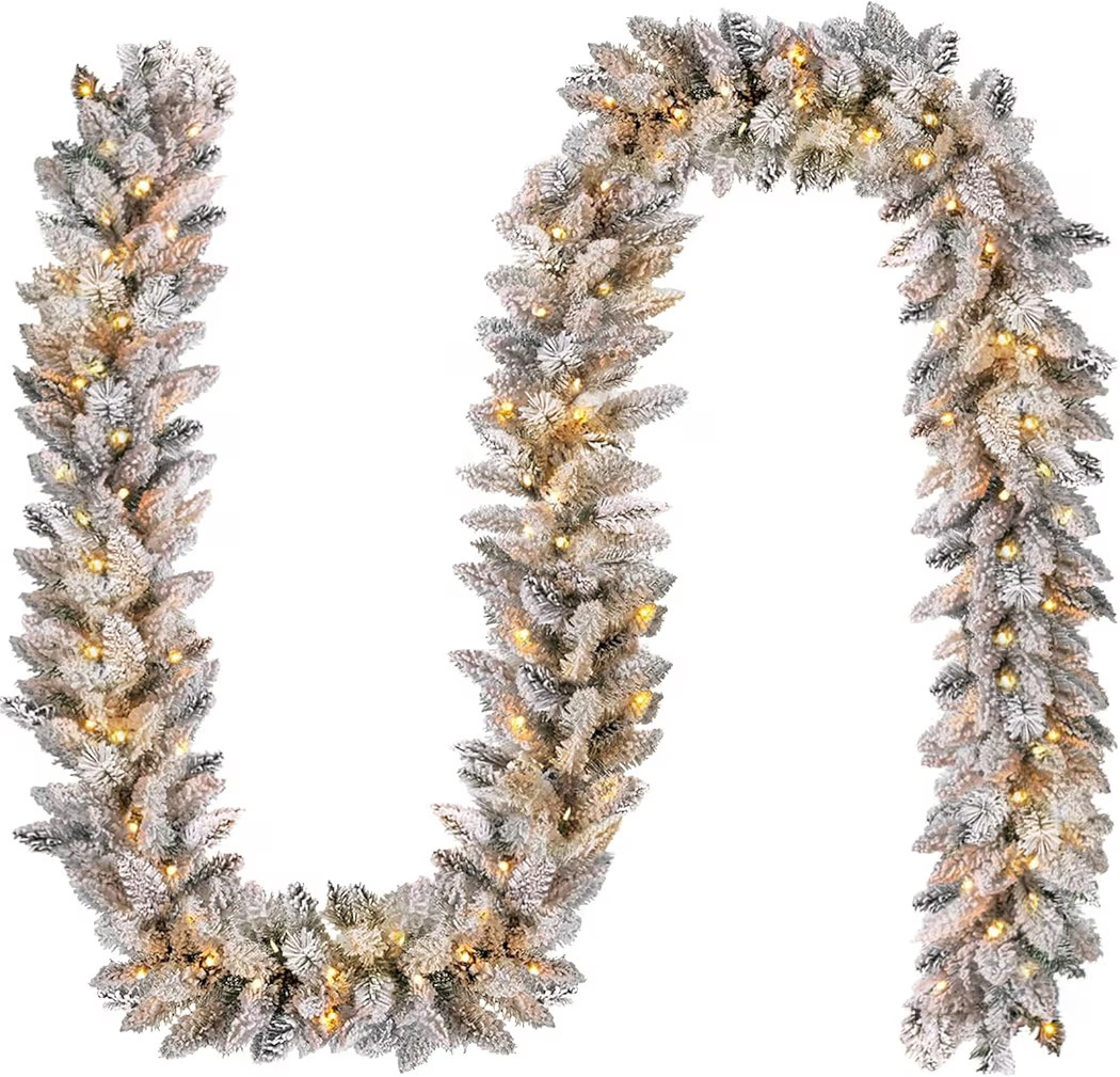 Flocked Garland with Lights,9FT Battery-Powered Pre-Lit Christmas Garland, Glittered Artificial Christmas Garland with Warm LEDs for Mantle Home Fireplace Stairs Party Decoration | Amazon (US)