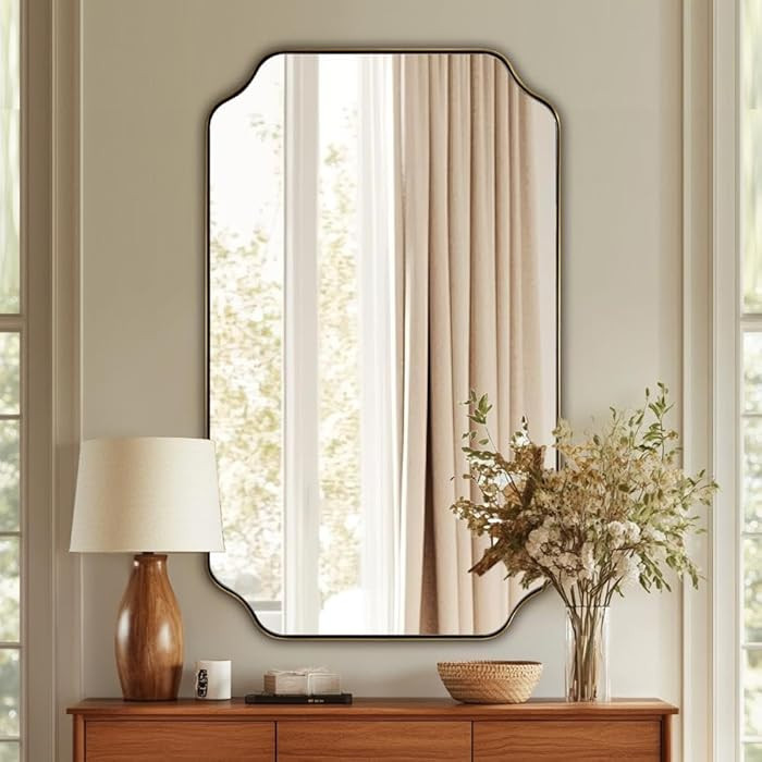 ANDY STAR 24"x40" Gold Mirror, Brushed Brass Scalloped Wall Mirror, Unique Rectangle Mirror, Bath... | Amazon (US)