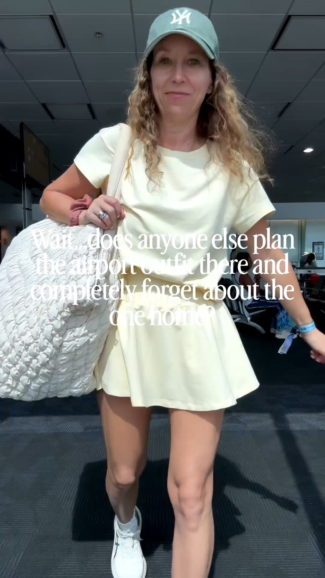 Does anyone else plan the airport outfit on the way but totally forget the outfit for on the way back?  So I just grabbed the easiest thing in my suitcase for the plane ride home!  This butter yellow set, a hat and tennis shoes!  Plus my all time favorite target carry on bag that holds so much stuff!!

#LTKdayinmylife #LTKOver40 #LTKPetite