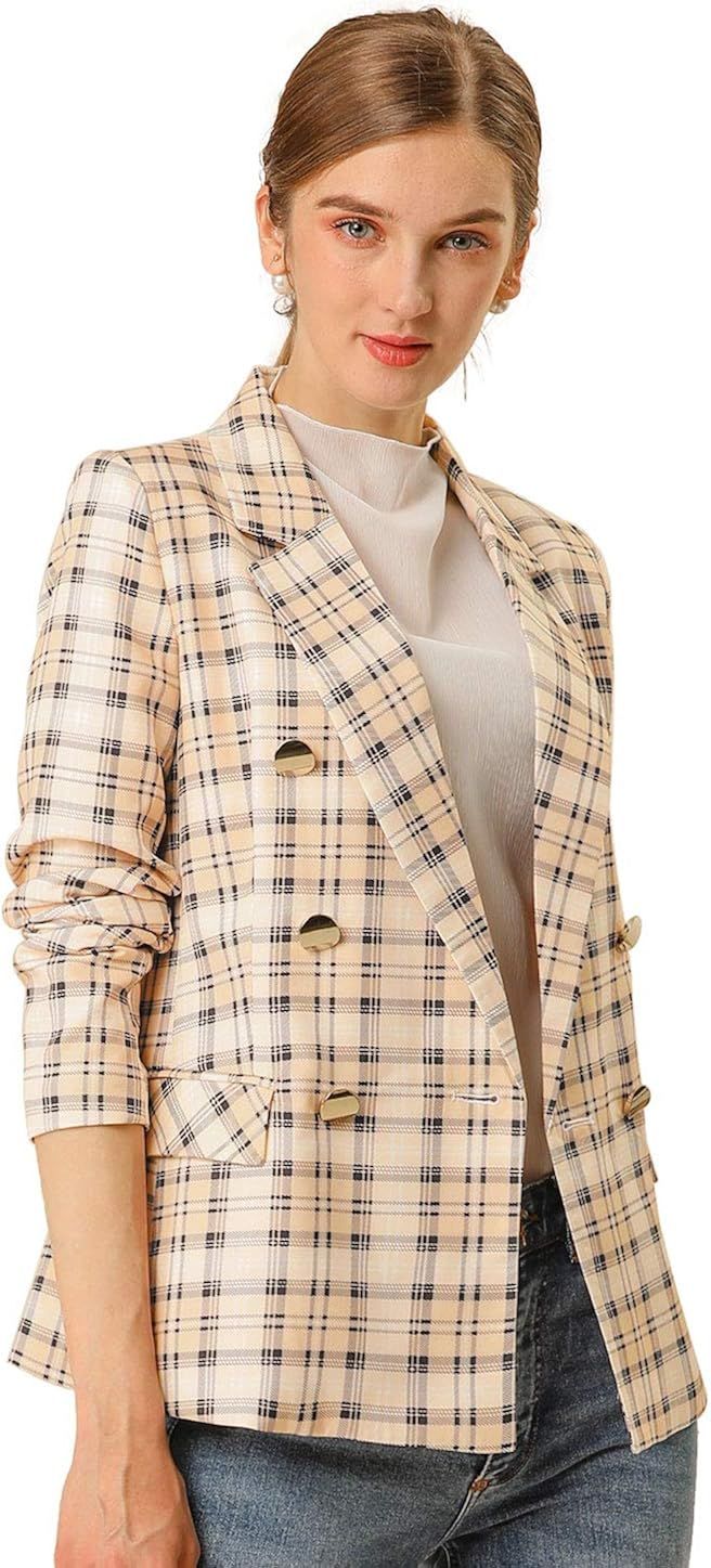 Allegra K Women's Notched Lapel Double Breasted Plaid Formal Blazer Jacket | Amazon (US)