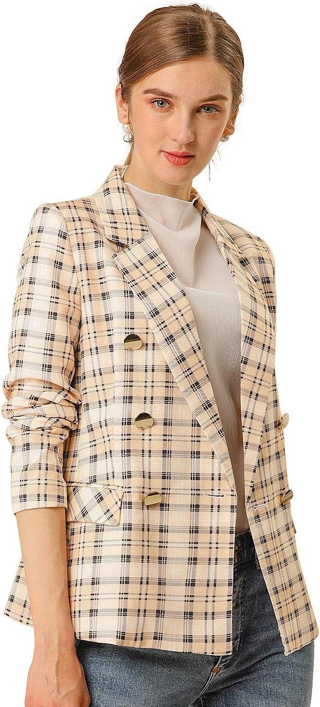 Allegra K Women's Notched Lapel Double Breasted Plaid Formal Blazer Jacket | Amazon (US)