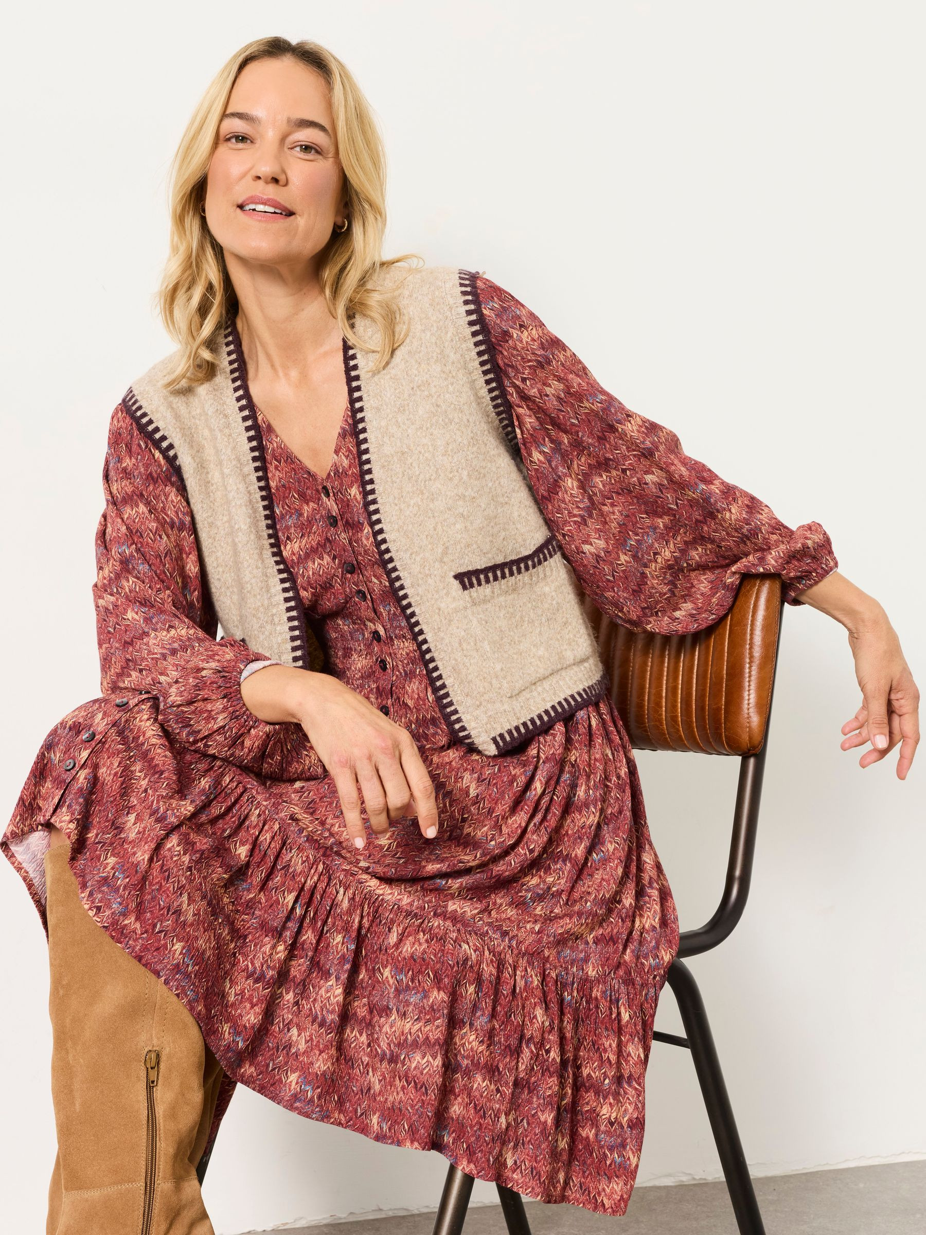 Hattie Natural Knitted Edge to Edge Sleeveless Cardigan | Fat Face