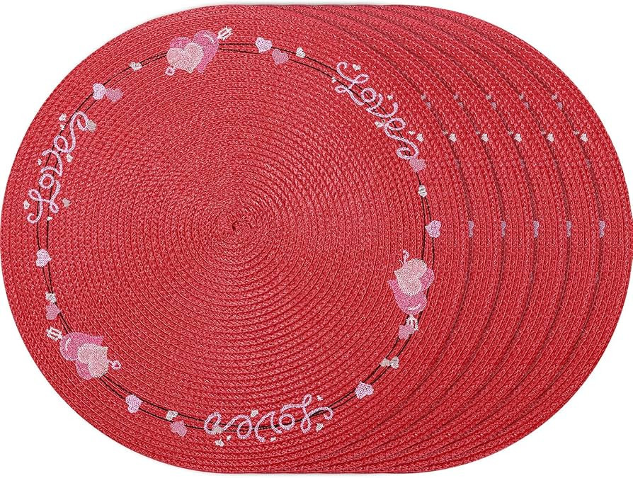 Valentines Day Placemats Set of 6 Table Decorations Indoor Red Heart Embroidered Round Place Mats... | Amazon (US)