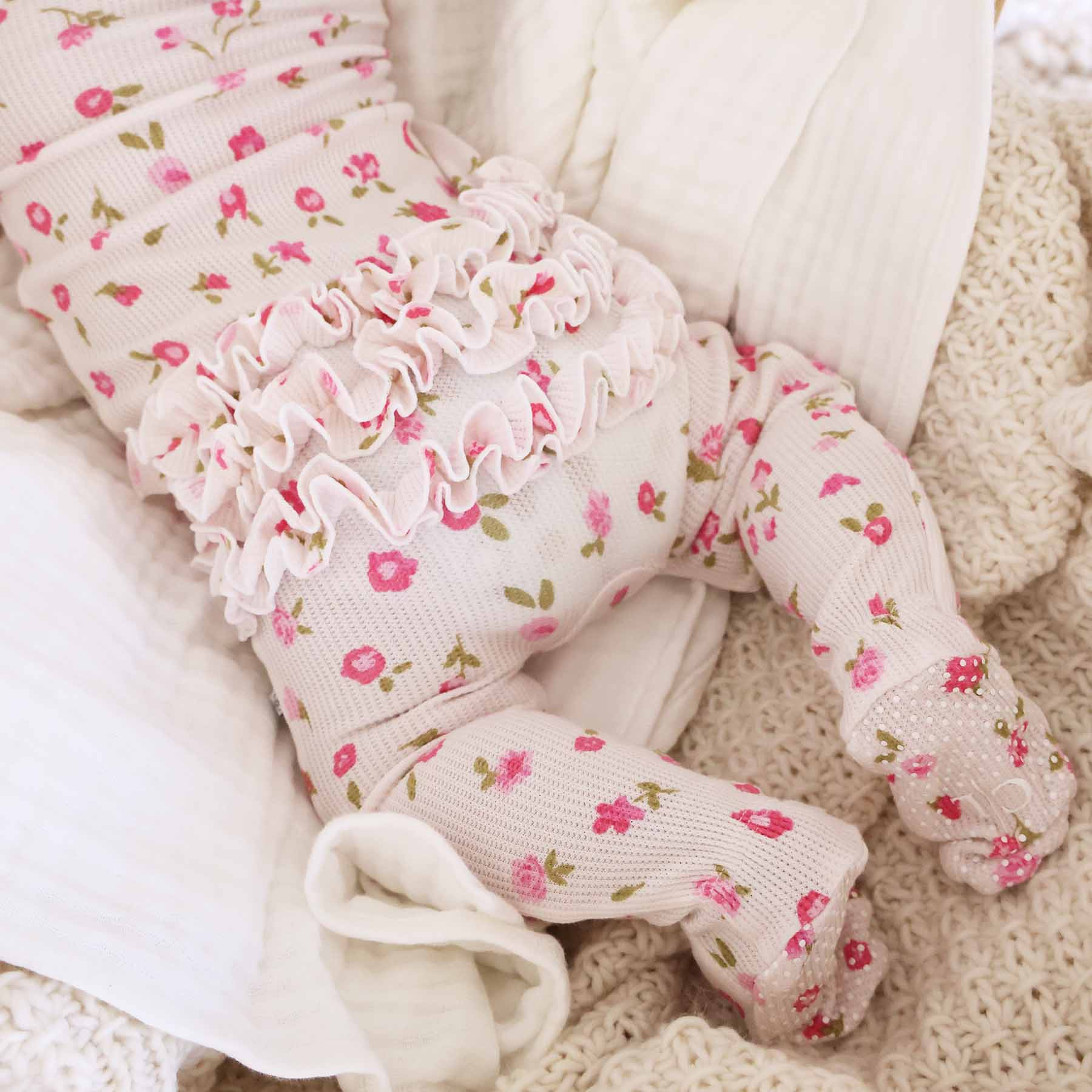Penny's Posies Waffle Bamboo Zipper Ruffle Footie | Caden Lane
