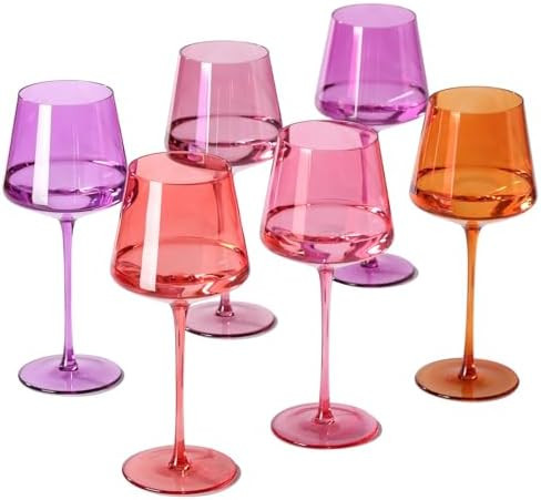 Colored Wine Glasses Set of 6 – 18oz Hand-Blown Crystal Stemmed Wine Glasses, Vibrant Sunset Sq... | Amazon (US)