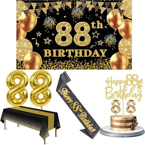 88th Birthday Decorations Men Women with 88th Birthday Banner, Black and Gold Table Cloth, Number... | Amazon (US)