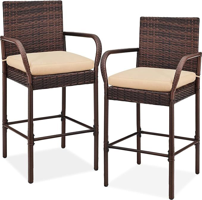 Best Choice Products Set of 2 Wicker Bar Stools, Indoor Outdoor Bar Height Chairs w/Cushion, Foot... | Amazon (US)
