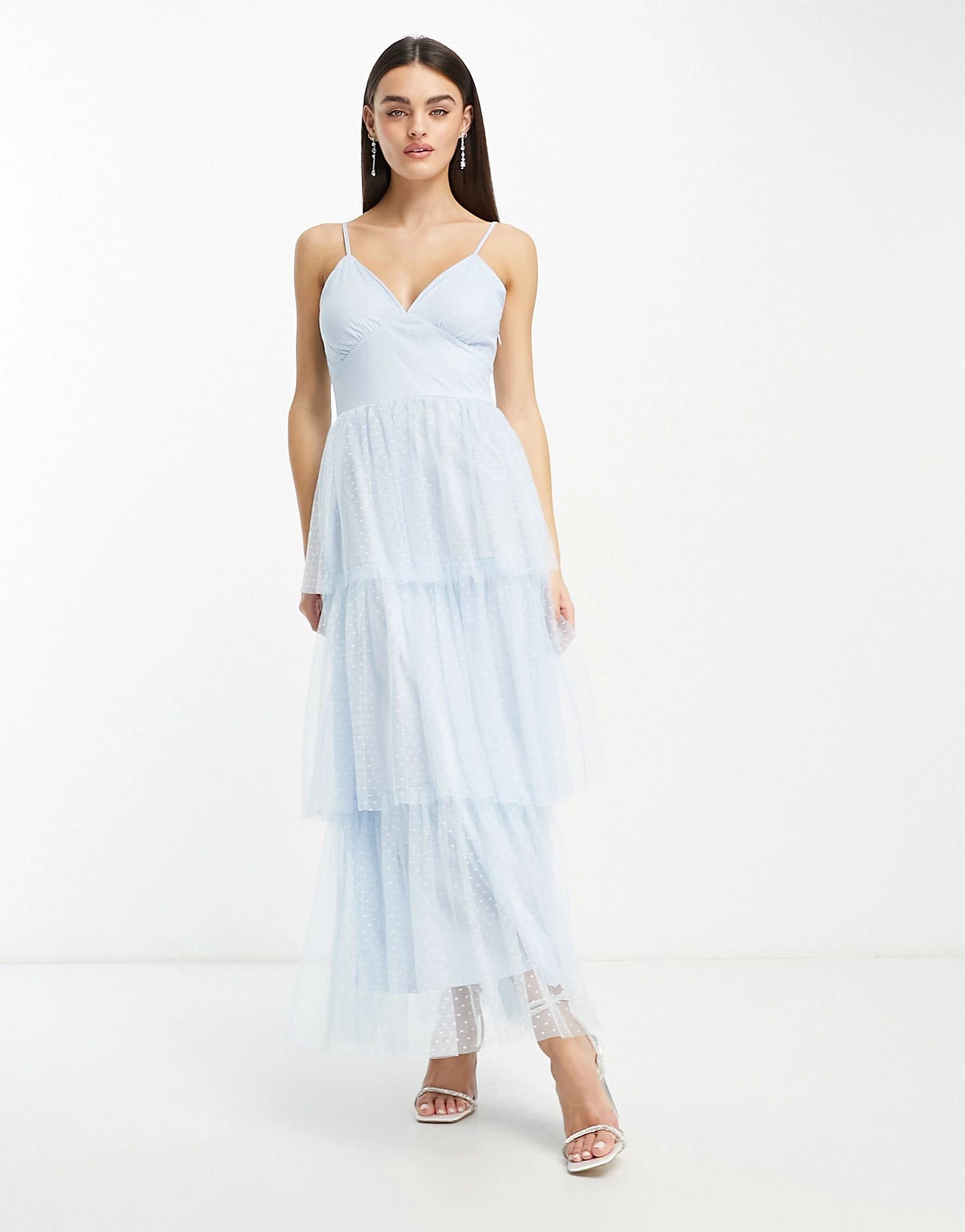 Vila Bridesmaid tulle textured maxi dress with tiered skirt in blue | ASOS (Global)
