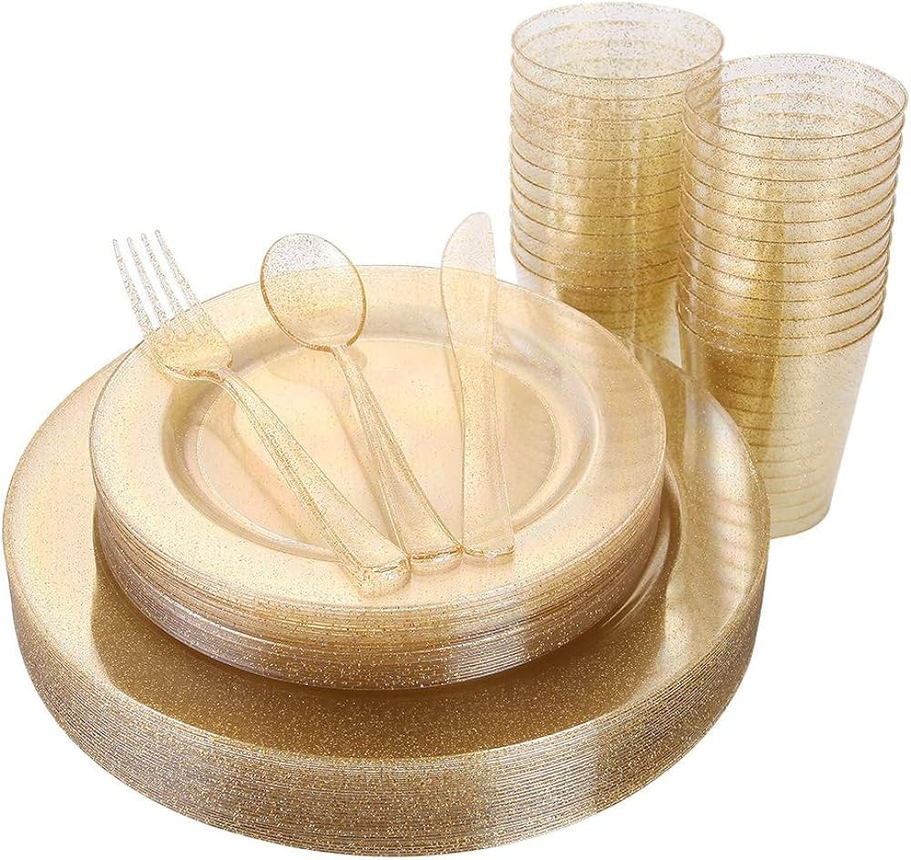 I00000 150PCS Gold Disposable Plates Silverware, New Year Dinnerware Set Include 25 Dinner Plates... | Amazon (US)