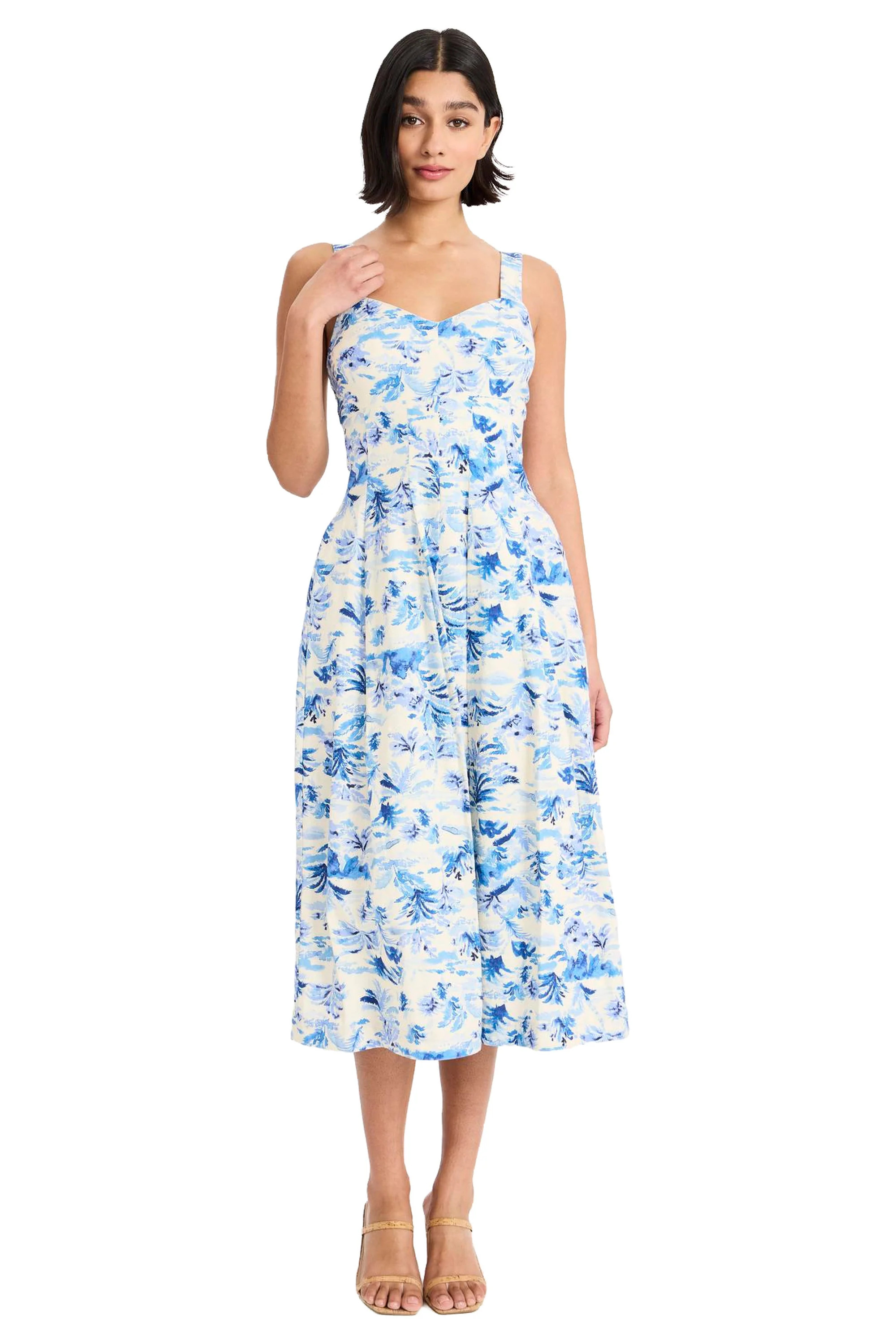 Kelly Linen Midi Fit & Flare Dress in Tropical Islands | Maggy London