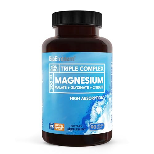BioEmblem Triple Magnesium Complex | 300mg Magnesium Glycinate, Malate & Citrate | High Absorption Chelated Formula | Vegan, Non-GMO, Gluten-Free | 90 Capsules | Amazon (US)