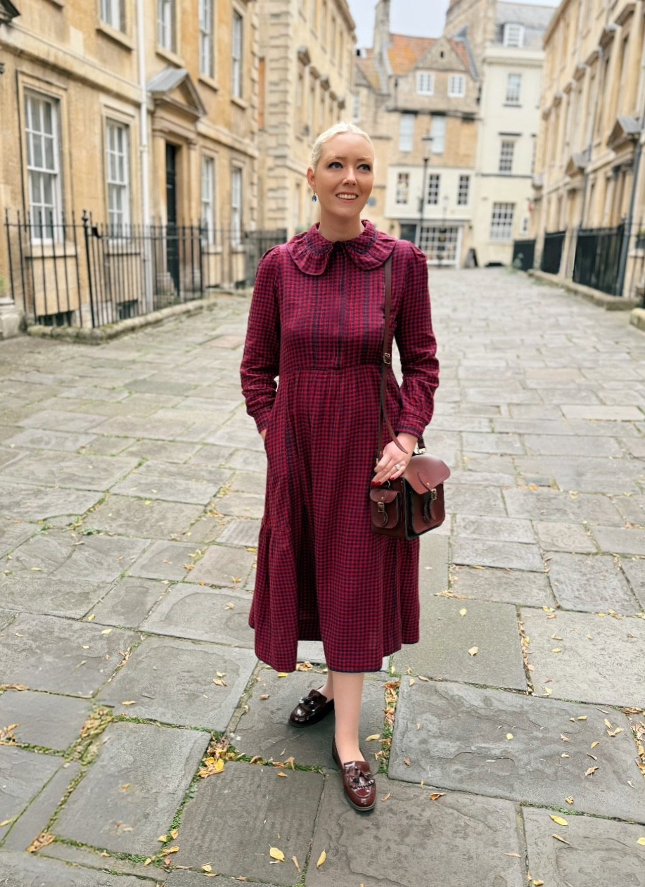 Burgundy season! This brushed cotton red and blue gingham dress by Brora is so soft and cosy + love the feminine ruffle edged collar and tiered skirt. Then to top it all - it has pockets! 

I teamed it with my Traveller bag by Cambridge Satchel Company in oxblood and the signature dark red patent tasselled Chester loafers from Russell and Bromley. 

For a finishing touch I wore blue and gold hoop drop earrings (see product list for similar styles). 

#LTKdresses #LTKuk #LTKautumn