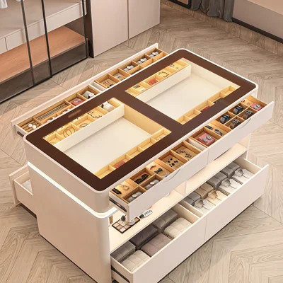 47.24" Luxury Double-Sided Walk-in Closet Jewelry Cabinet, Cream Style Tempered Glass LED Light Jewelry Storage & Display Dresser | Wayfair North America