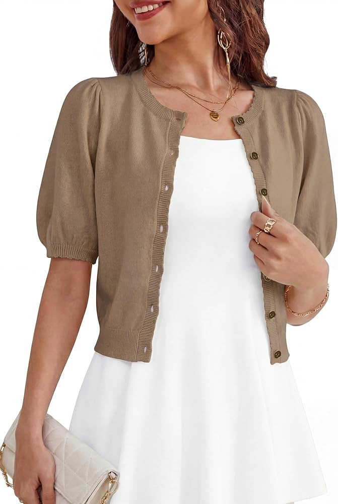Shrug Sweaters for Women - Wool Blend Short Sleeve Button Down Cardigan Trendy Lightweight Tops B... | Amazon (US)