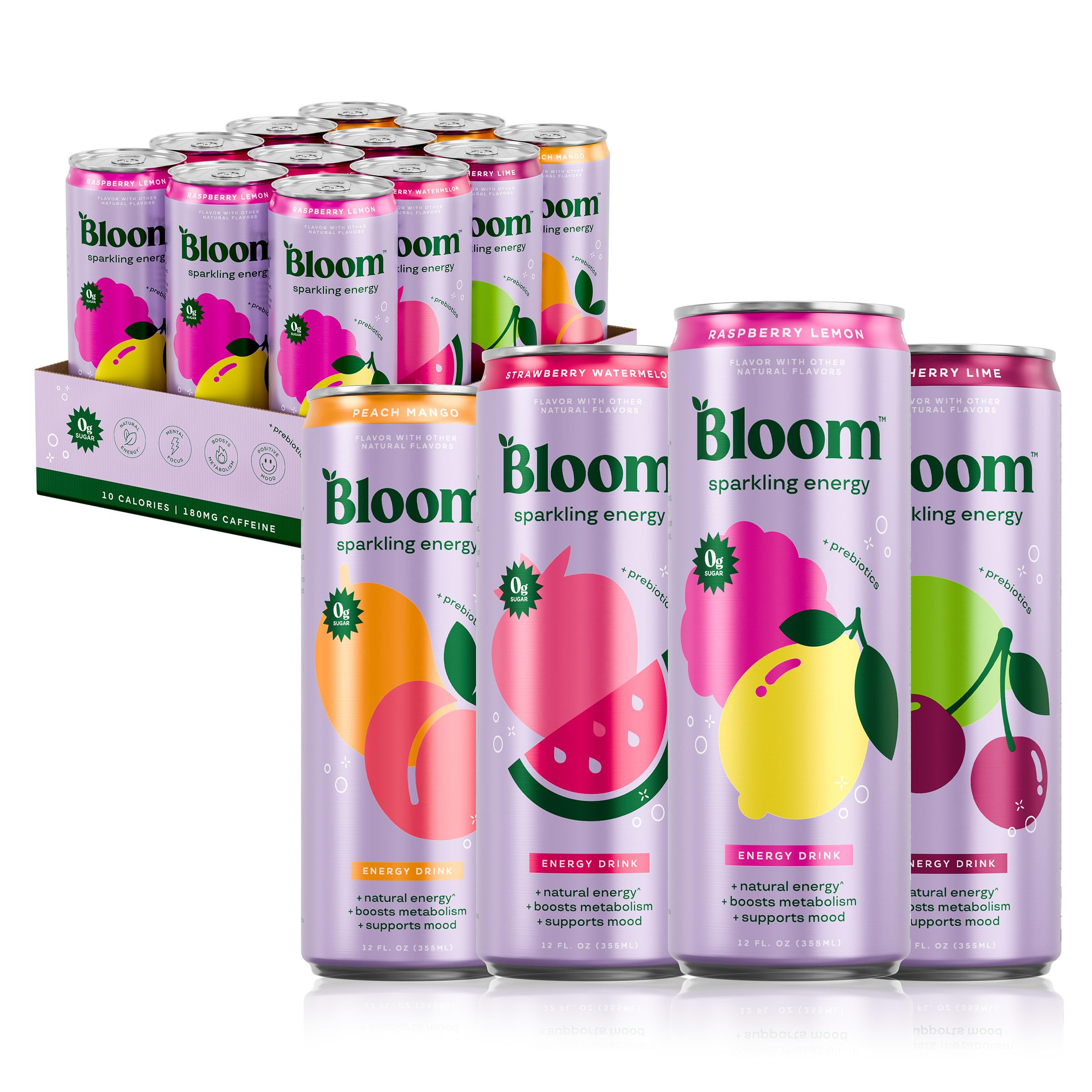 Bloom Nutrition Sparkling Energy Drink - Variety Pack - Natural Caffeine, Zero Sugar, 180mg Caffe... | Amazon (US)