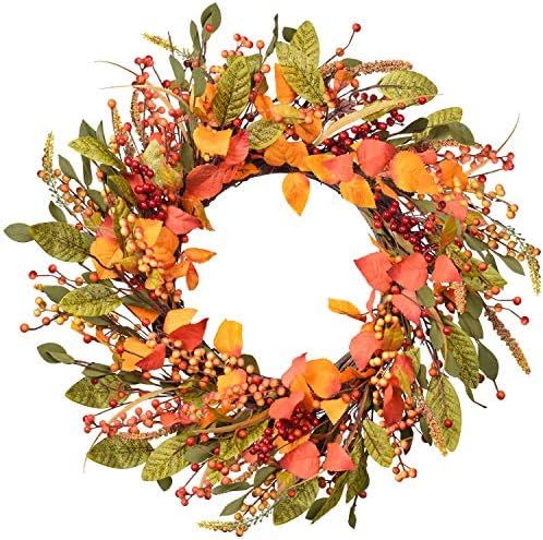 DearHouse Fall Wreath Red Berry Wreath,18 inch Artificial Autumn Maple Leaf Harvest Thanksgiving ... | Amazon (US)