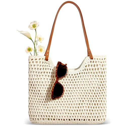 ZLSPTK Crochet Beach Tote Bag Straw Beach Bag with Zipper Leather Strap Summer Beach bags for Women Aesthetic Mesh Tote Bags Large Off-white Woven Purse Knit Shoulder Handbags Picnic Vacation Holiday | Amazon (US)