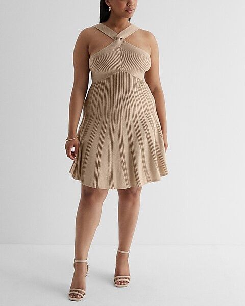 Metallic Ribbed Twist Halter Neck Fit and Flare Sweater Dress | Express