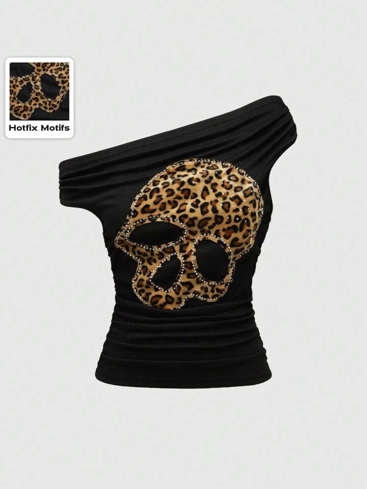 ROMWE Grunge Punk Women's Sexy Asymmetrical Neck Leopard Print Skull Slim Fit T-Shirt, School | SHEIN